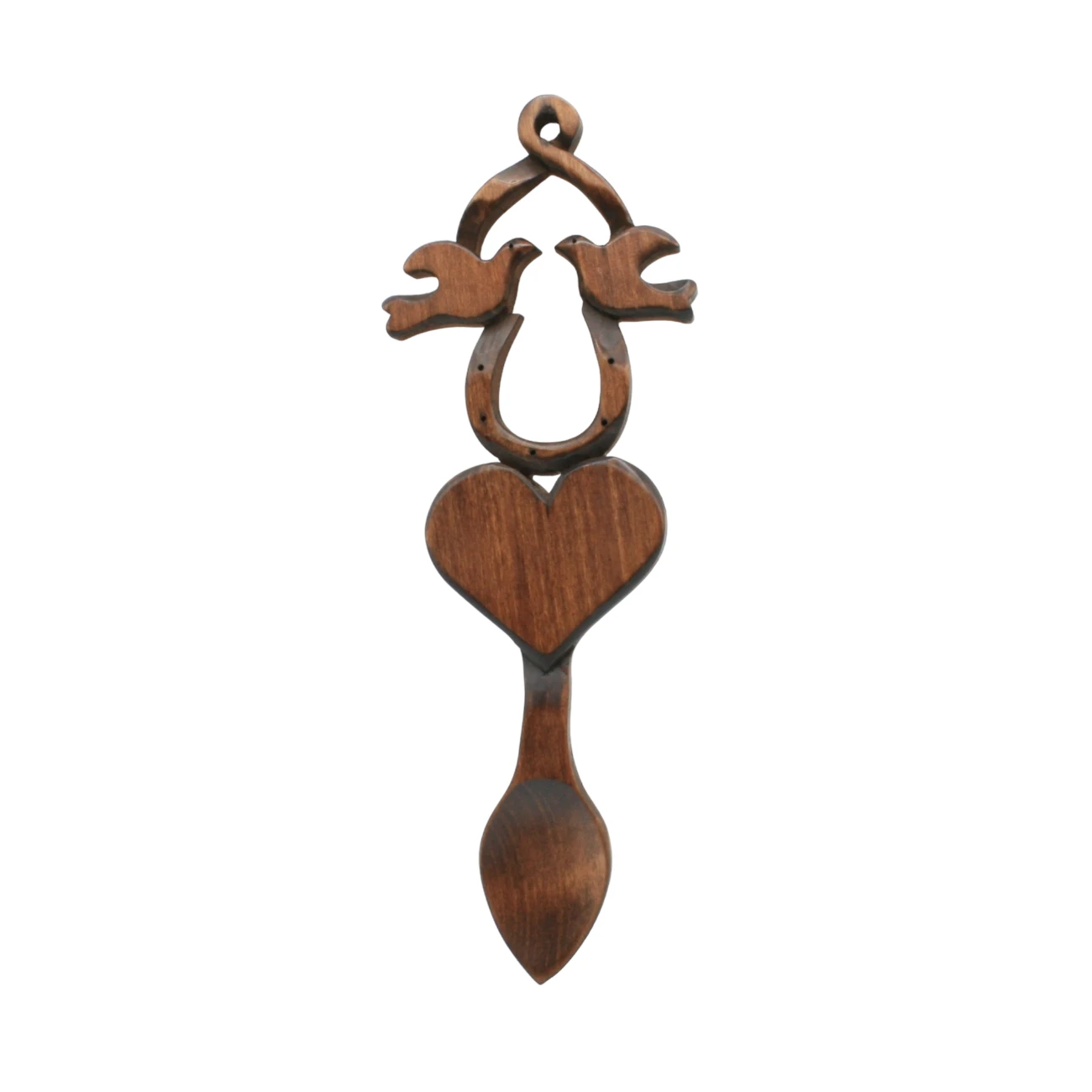 An image of a lovespoon titled Birds, Heart & Horseshoe