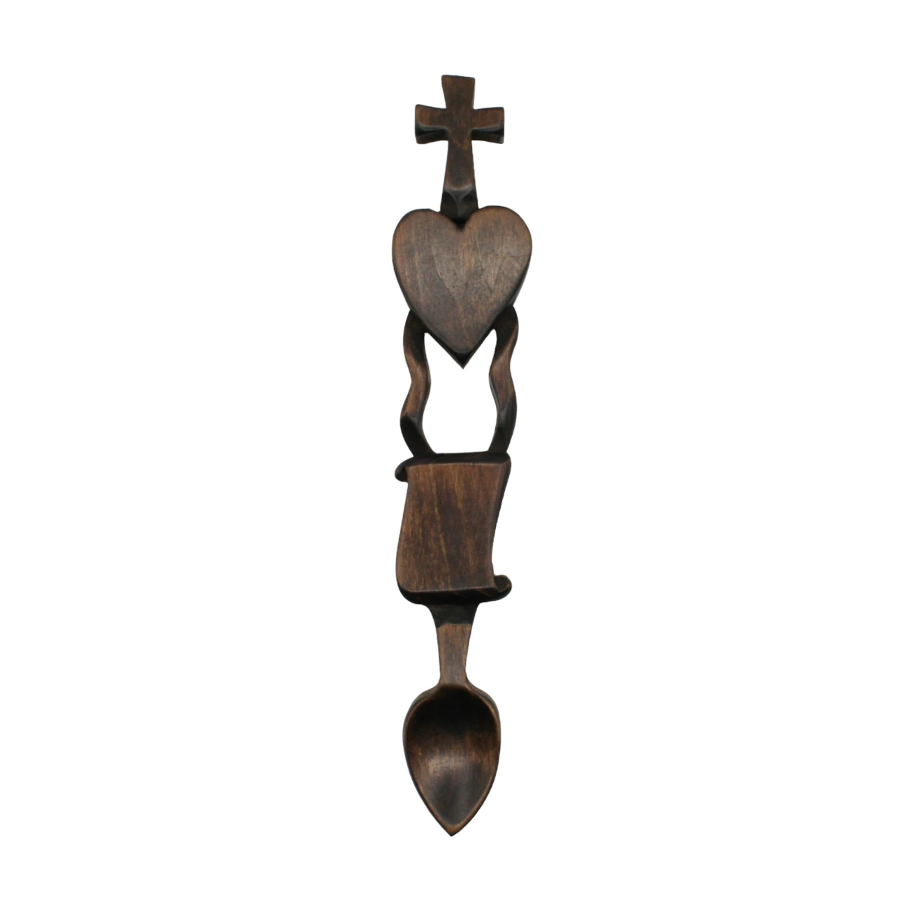 An image of a lovespoon titled Cross, Heart & Scroll